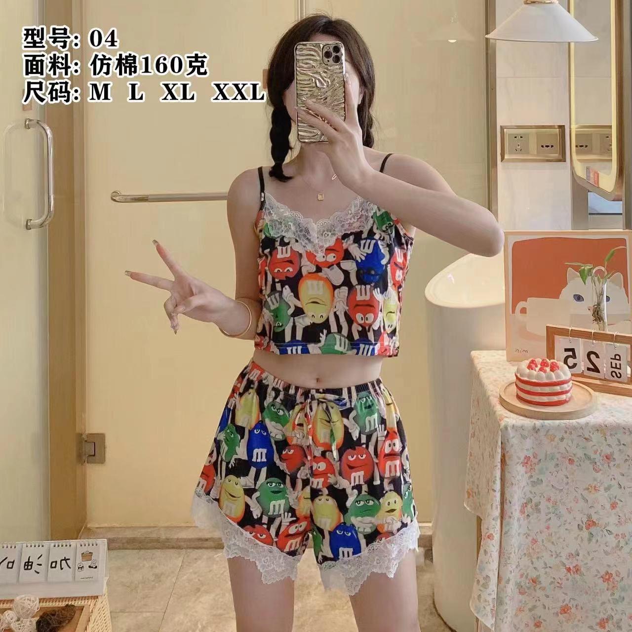 Women’s Cartoon Print Sleepwear Set – Lace Trim Cami Top & Shorts
