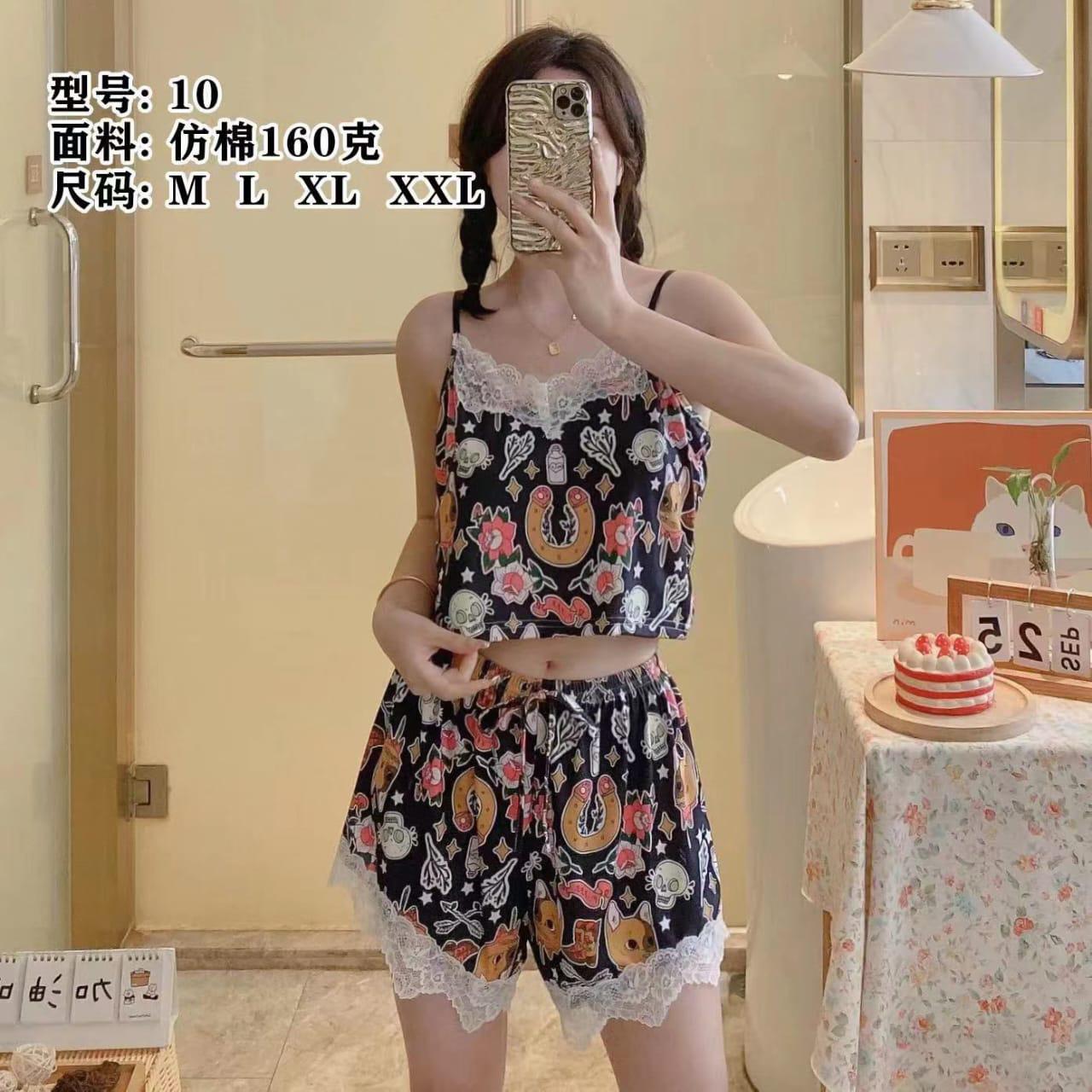 Women’s Cartoon Print Sleepwear Set – Lace Trim Cami Top & Shorts