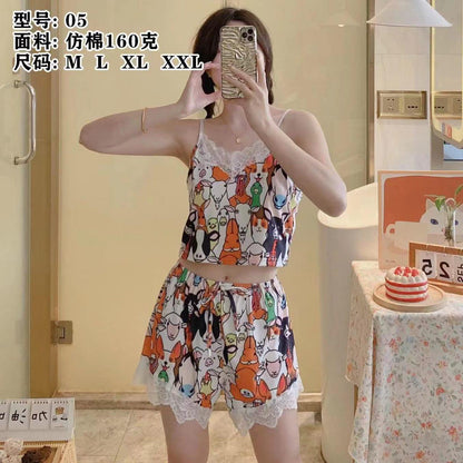 Women’s Cartoon Print Sleepwear Set – Lace Trim Cami Top & Shorts