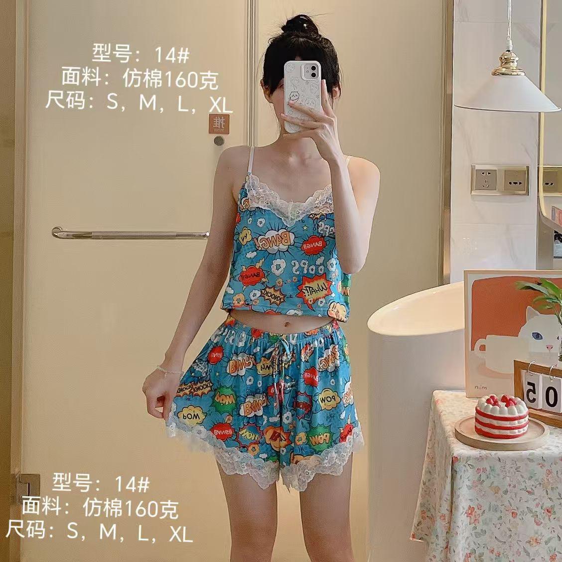 Women’s cartoon print lace sleepwear set – cami top with matching shorts

