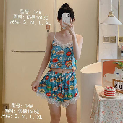 Women’s cartoon print lace sleepwear set – cami top with matching shorts
