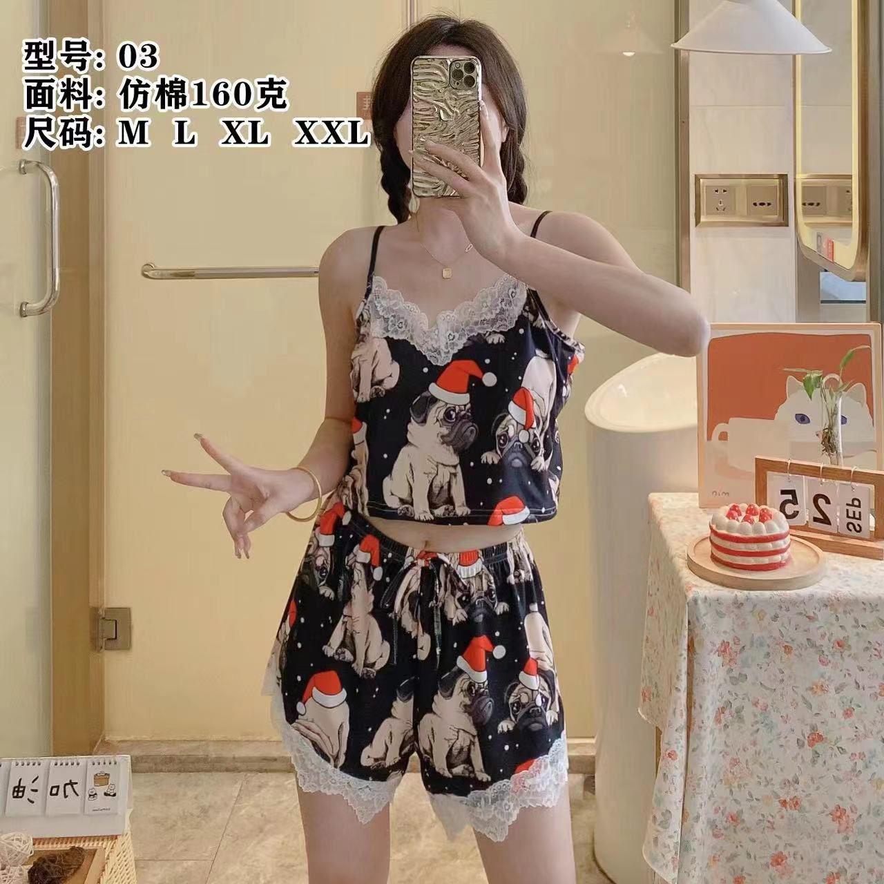 Women’s Cartoon Print Sleepwear Set – Lace Trim Cami Top & Shorts