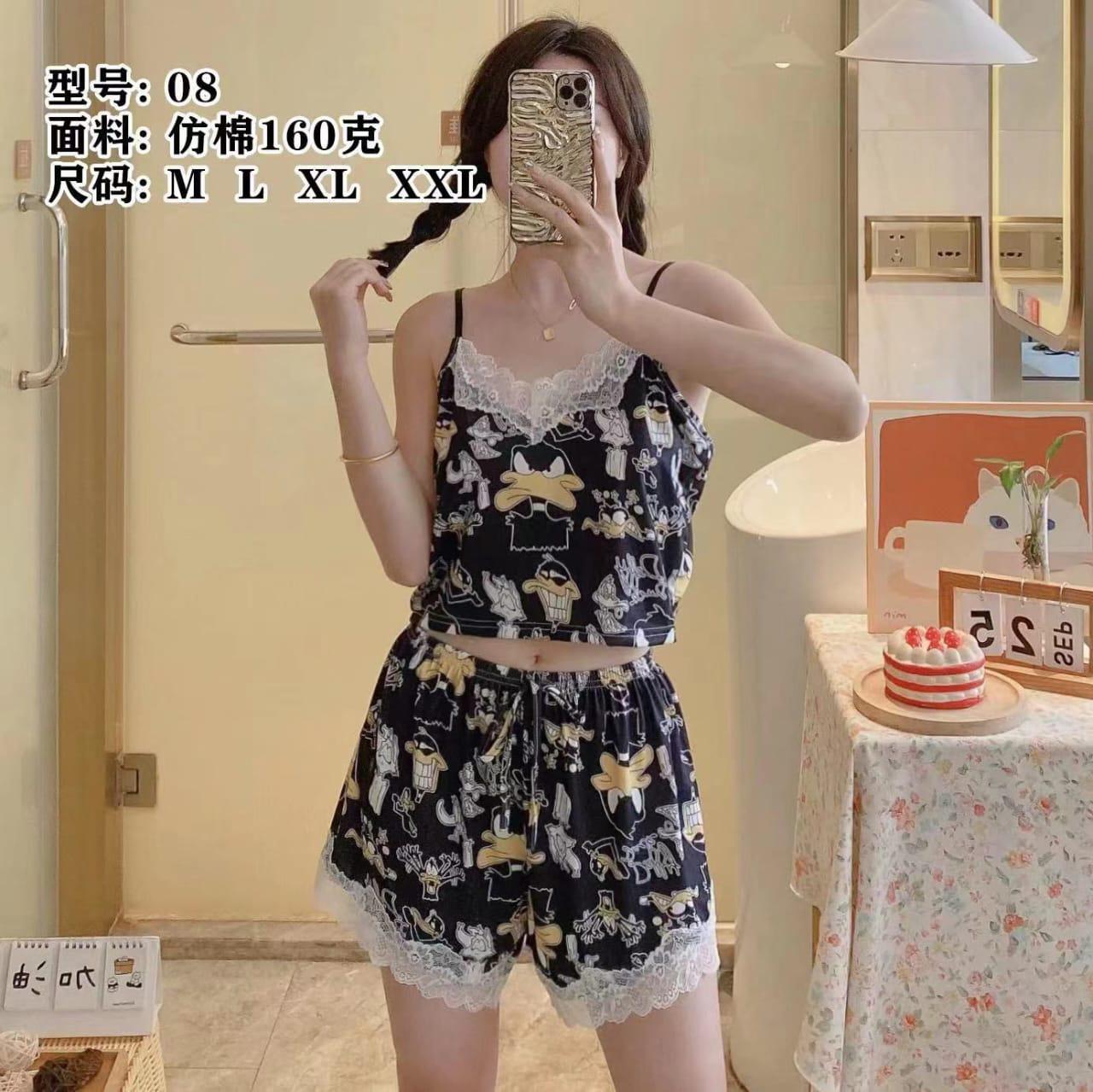 Women’s Cartoon Print Sleepwear Set – Lace Trim Cami Top & Shorts