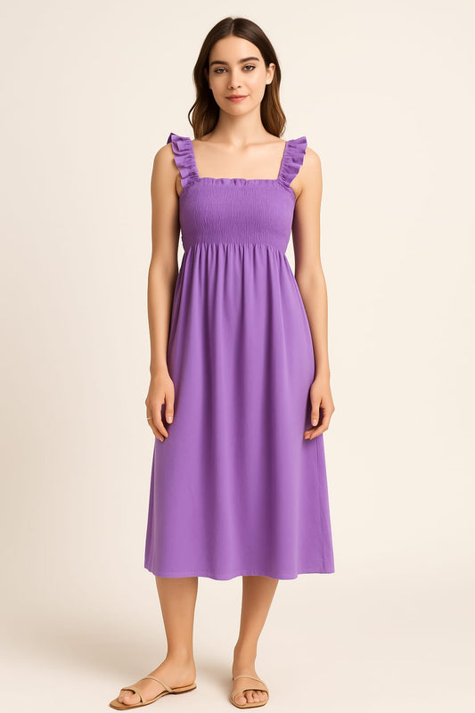 Red strap dress with ruffle straps displayed on a model