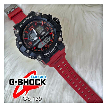 Casio G-Shock GS 139 black case watch with red strap and dual display
