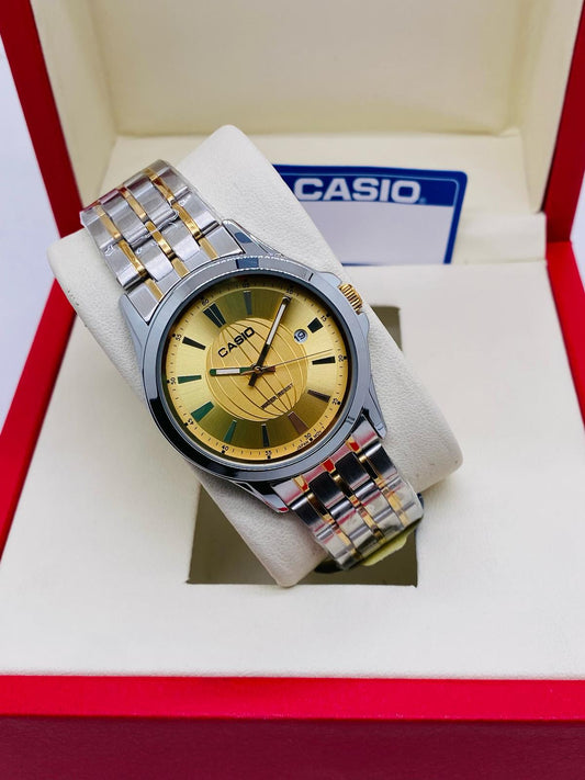 Casio two-tone stainless steel men’s watch with gold dial and date window