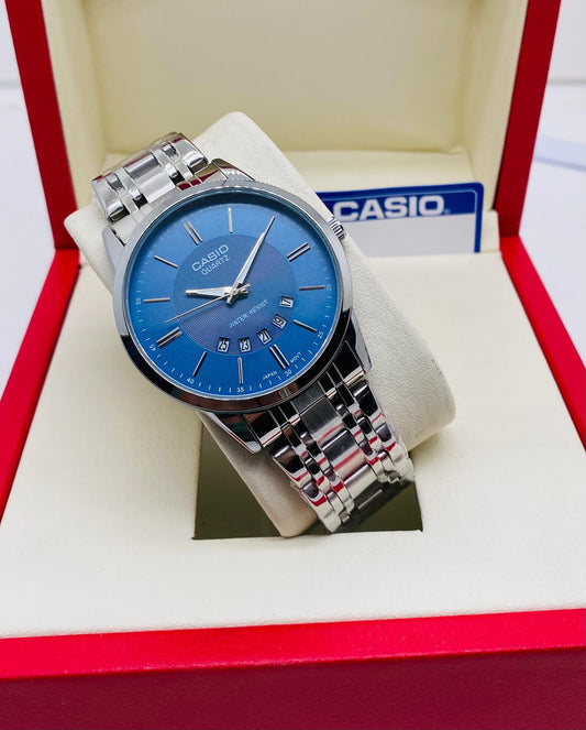Casio men’s watch with blue textured dial and steel strap