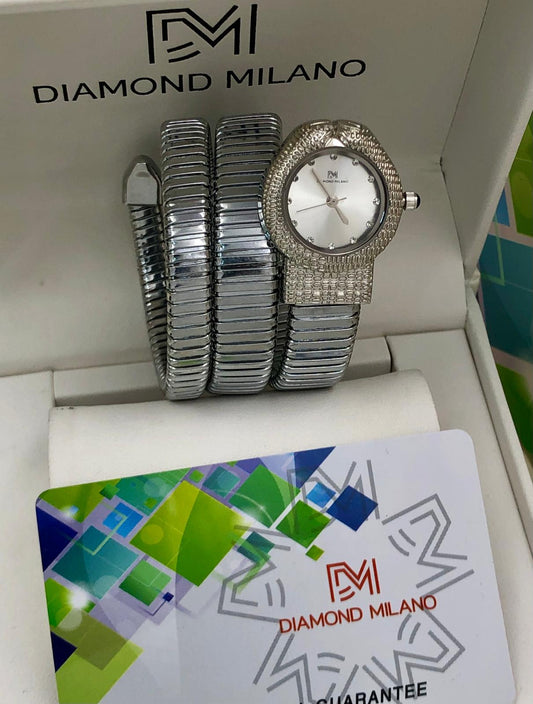Diamond Milano snake dial silver women’s watch with coil band
