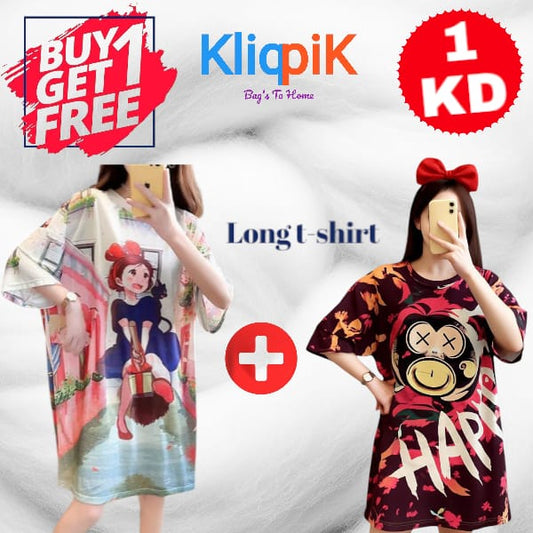 Buy 1 Get 1 Free offer – women’s long cartoon t-shirts for 1 KD at Kliqpik