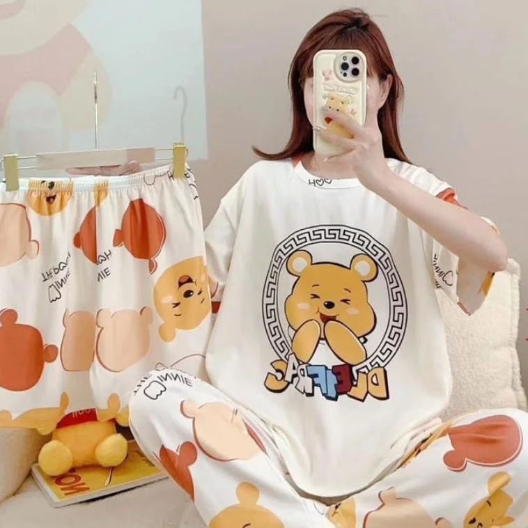 Disney Women's Cartoon Pajamas 3-Piece Set (random designs)(Shorts, T-Shirt, Pants)