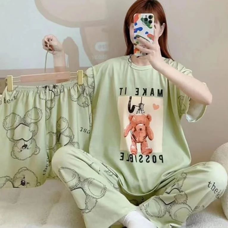 Disney Women's Cartoon Pajamas 3-Piece Set (random designs)(Shorts, T-Shirt, Pants)