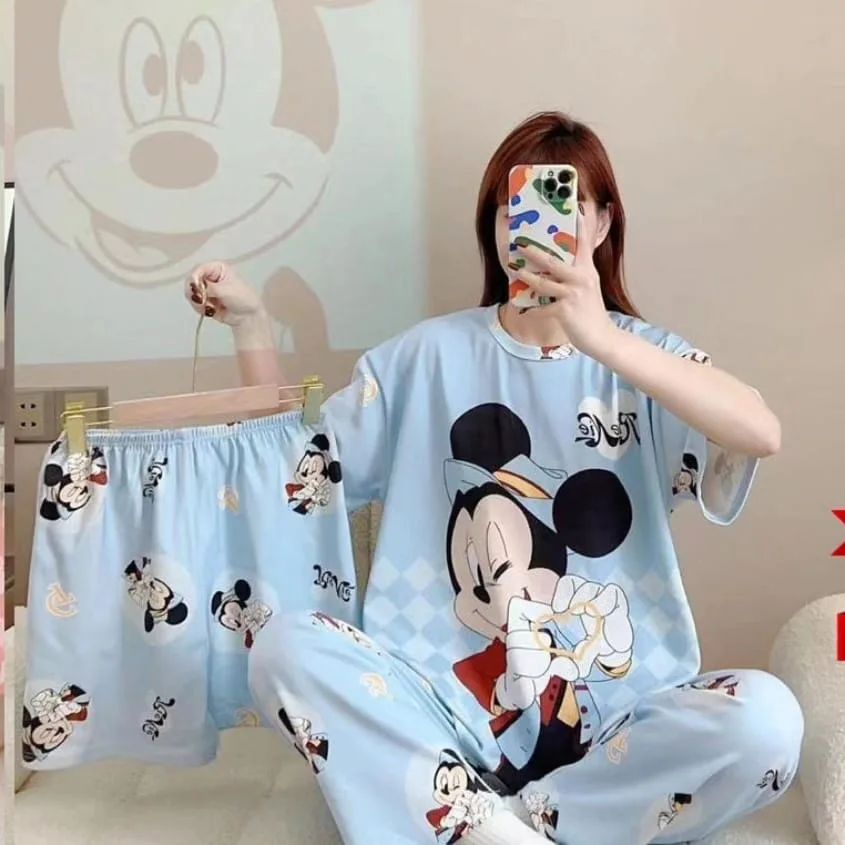 Disney Women's Cartoon Pajamas 3-Piece Set (random designs)(Shorts, T-Shirt, Pants)