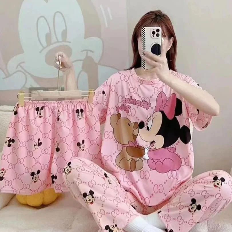 Disney Women's Cartoon Pajamas 3-Piece Set (random designs)(Shorts, T-Shirt, Pants)