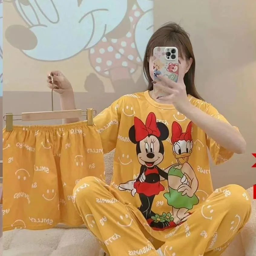 Disney Women's Cartoon Pajamas 3-Piece Set (random designs)(Shorts, T-Shirt, Pants)