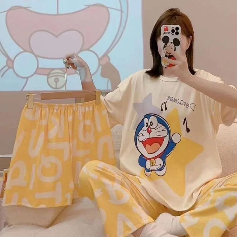 Disney Women's Cartoon Pajamas 3-Piece Set (random designs)(Shorts, T-Shirt, Pants)