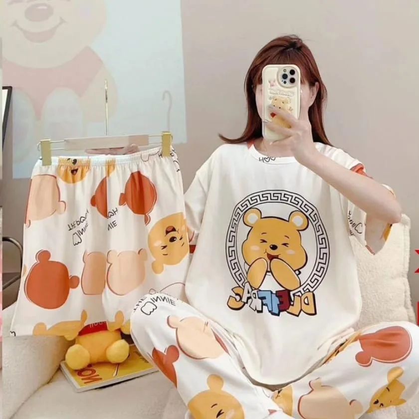 Disney Women's Cartoon Pajamas 3-Piece Set (random designs)(Shorts, T-Shirt, Pants)