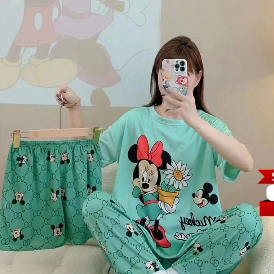 Disney Women's Cartoon Pajamas 3-Piece Set (random designs)(Shorts, T-Shirt, Pants)