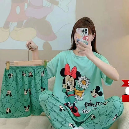 Disney Women's Cartoon Pajamas 3-Piece Set (random designs)(Shorts, T-Shirt, Pants)