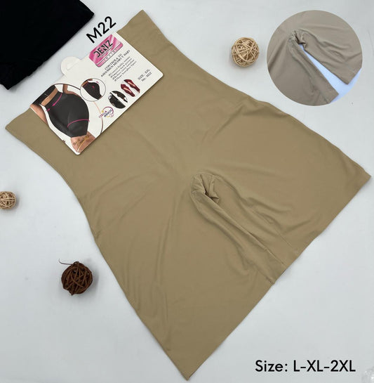 Beige high-waist tummy control body shaper with product packaging