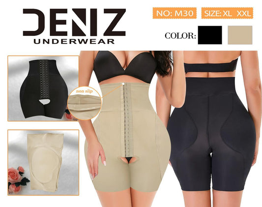 Deniz M30 high-waist shaper shorts with hook closure, non-slip band and open crotch design in beige and black colors