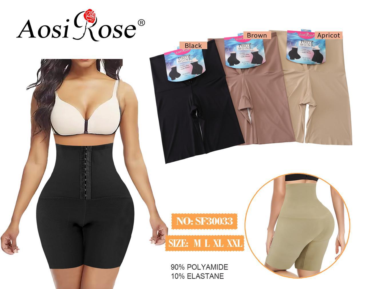 Aosi Rose SF30033 high-waist tummy control shapewear shorts in black, brown, and apricot with hook closure and back support