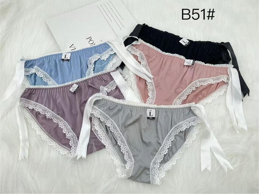 Set of 5 satin lace-trim panties with side ribbons in black, pink, lavender, grey, and blue – Model B51#
