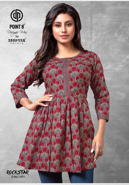 Red printed short kurti with shell pattern