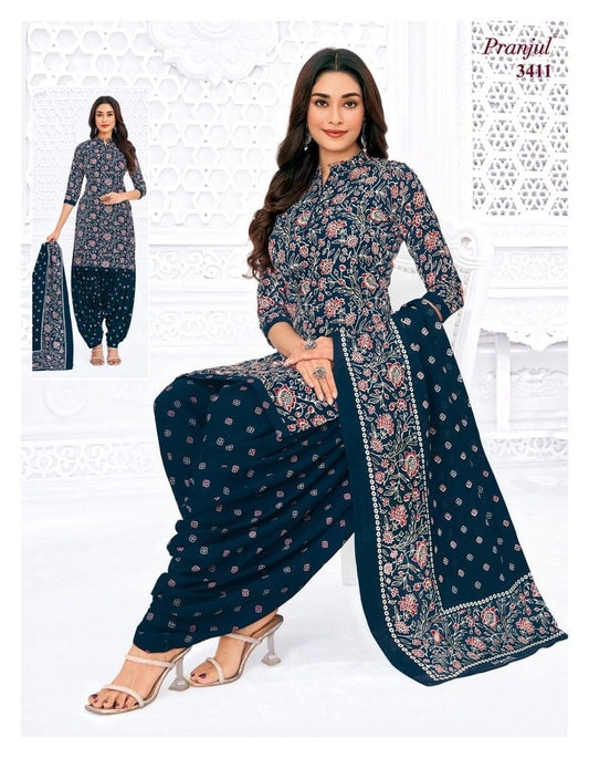 Pranjul 3411 navy blue floral cotton Patiala suit set with dupatta and kurta