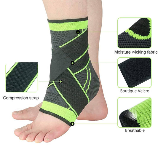 Adjustable compression ankle brace with moisture-wicking breathable fabric and support strap