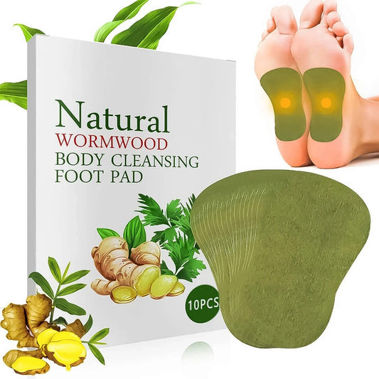 Natural Wormwood Body Cleansing Foot Pads with packaging and foot application
