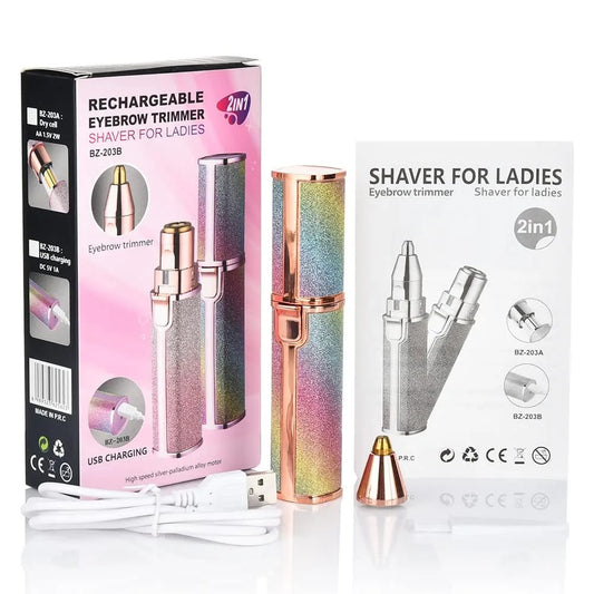 2-in-1 rechargeable eyebrow trimmer and facial shaver with USB cable and box