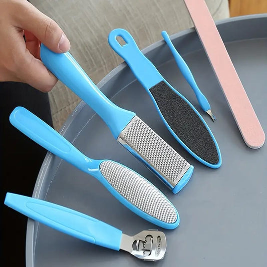 7-piece multipurpose beauty tool set with pink and silver manicure, pedicure, and facial grooming tools
