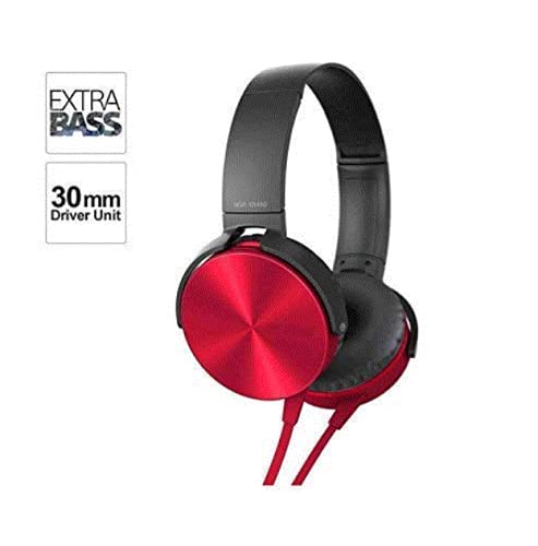 Red and black wired headphones with extra bass and 30mm driver unit