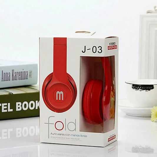 J-03 foldable red stereo headphones in packaging with mic