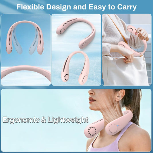Pink F8 bladeless neck cooler with USB rechargeable design and ergonomic fit