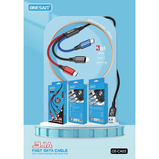 ONESAM OS-CA03 3-in-1 braided fast charging cable with Micro, Type-C, and Lightning connectors