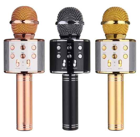 Wireless Bluetooth karaoke microphones in gold, rose gold, and black colors