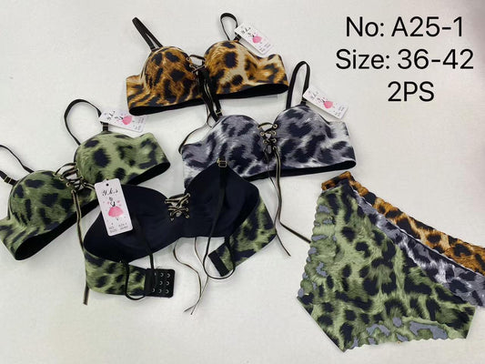 Leopard print lace-up bra and panty set for women in multiple colors