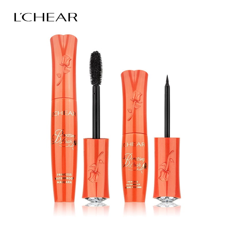 L'Chear Princess Waterproof Mascara and Liquid Eyeliner set in orange rose-embossed packaging with diamond-cut base.