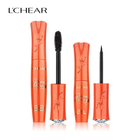 L'Chear Princess Waterproof Mascara and Liquid Eyeliner set in orange rose-embossed packaging with diamond-cut base.