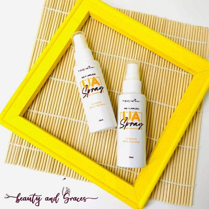 White spray bottle of Ms. Flawless UA Spray with orange text on yellow background.