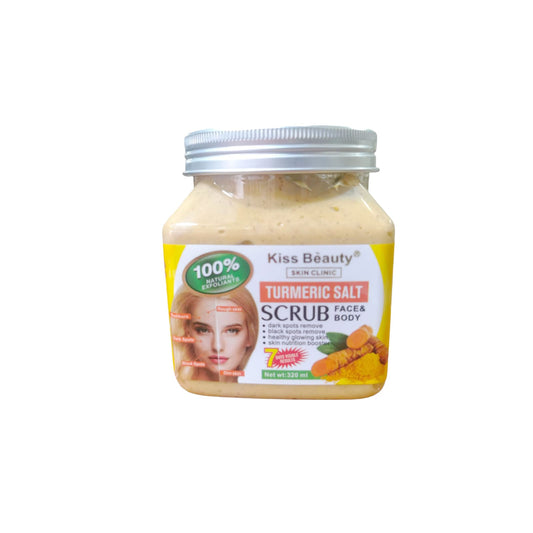Kiss Beauty Turmeric Salt Scrub in a clear jar with turmeric graphics on the label.