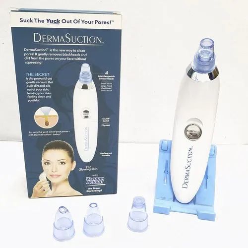 White DermaSuction pore cleaning device with four interchangeable heads and product packaging