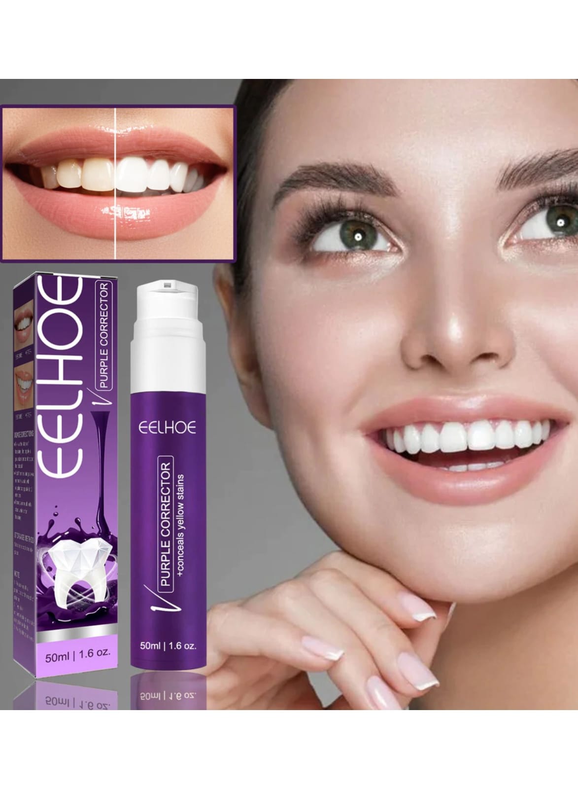 EELHOE Purple Corrector 50ml with packaging and smiling model
