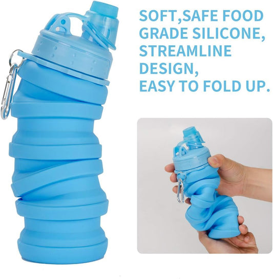 Blue foldable silicone water bottle with carabiner clip and compact design