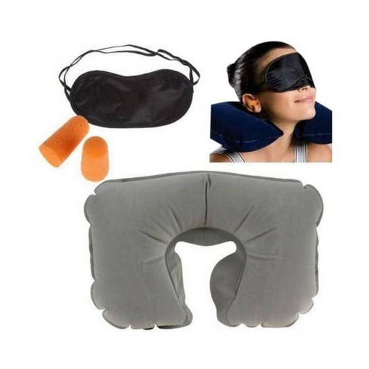Travel Sleep Set with black eye mask, orange earplugs, and blue inflatable neck pillow in box packaging