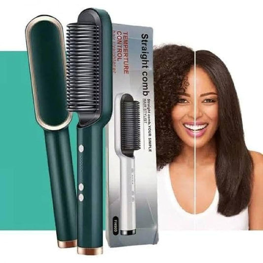 Green hair straightening comb with temperature control and before-after smooth hair result