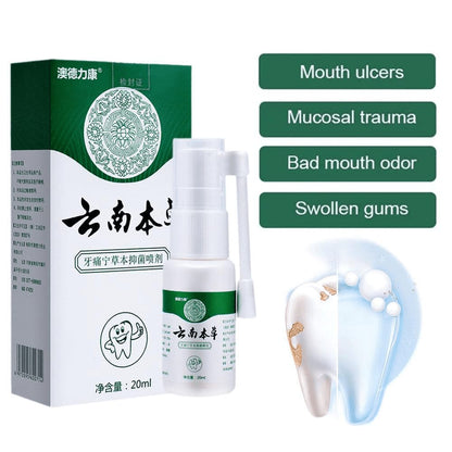 Toothache relief herbal spray bottle with packaging and man holding cheek in discomfort