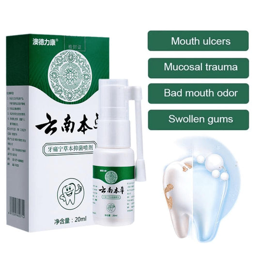 Toothache relief herbal spray bottle with packaging and man holding cheek in discomfort