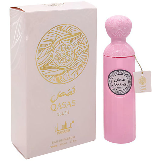 Qasas Blush Eau De Parfum in pink bottle with matching box